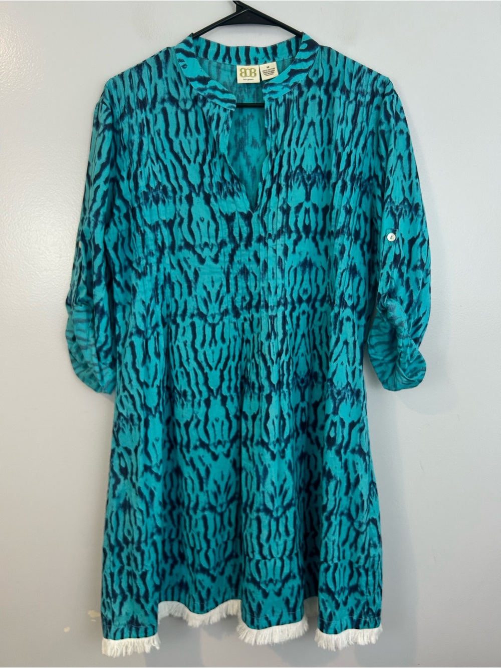 Boo Gemes 100% Cotton Teal Blue Abstsract V-neck Fringe Mini Boho Dress Medium